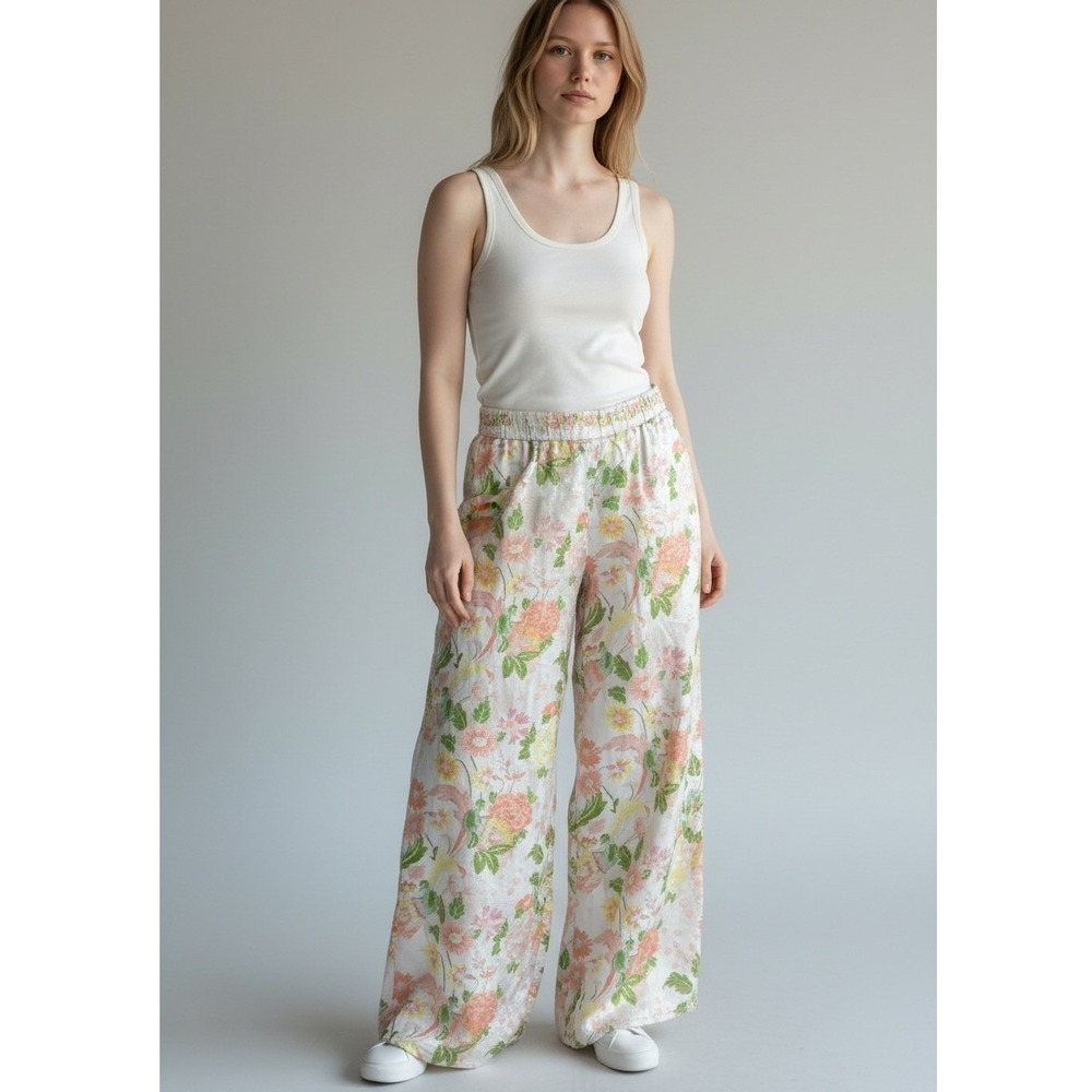 Rose + Olive Resort Floral Wide Leg Pants Medium Tropical Coastal Grandmother